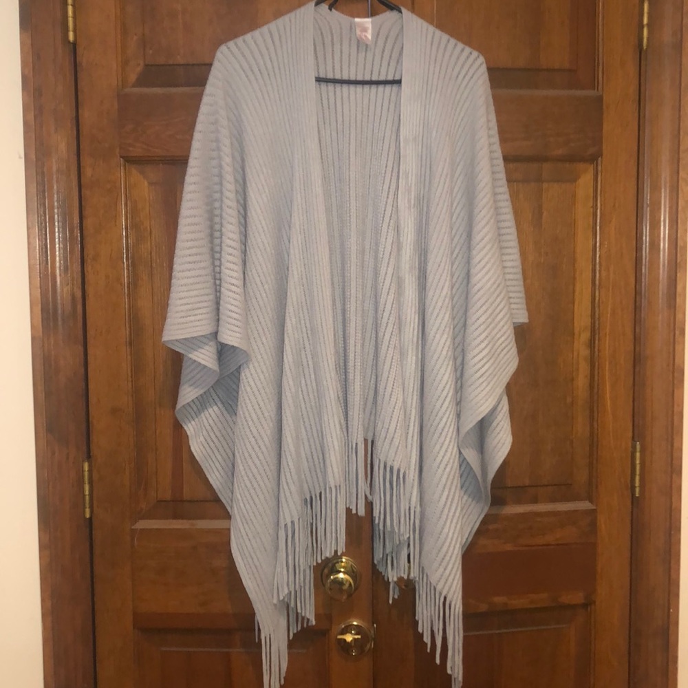 Light gray shawl cardigan with fringe